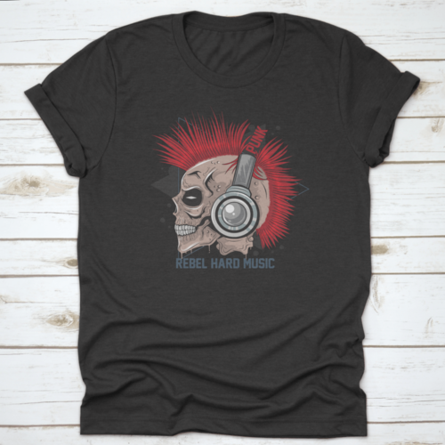Punk Rock Red Hair Skull With Headphones On T Shirt Design With Text"
