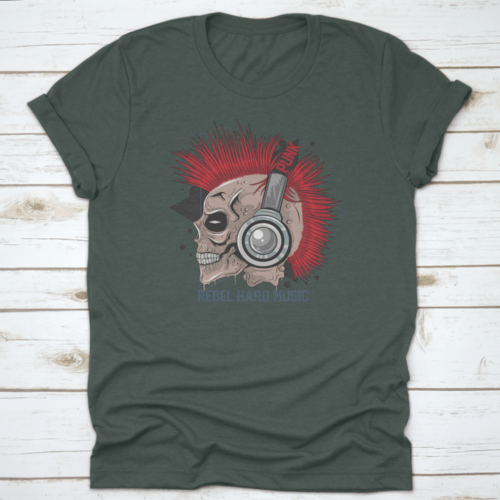 Punk Rock Red Hair Skull With Headphones On T Shirt Design With Text"