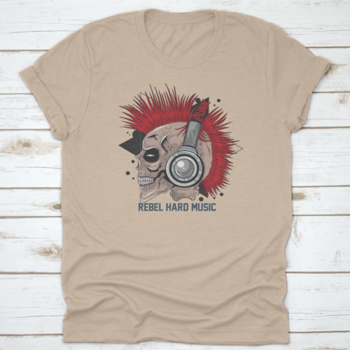 Punk Rock Red Hair Skull With Headphones On T Shirt Design With Text"