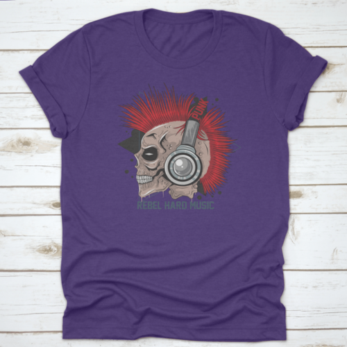Punk Rock Red Hair Skull With Headphones On T Shirt Design With Text"