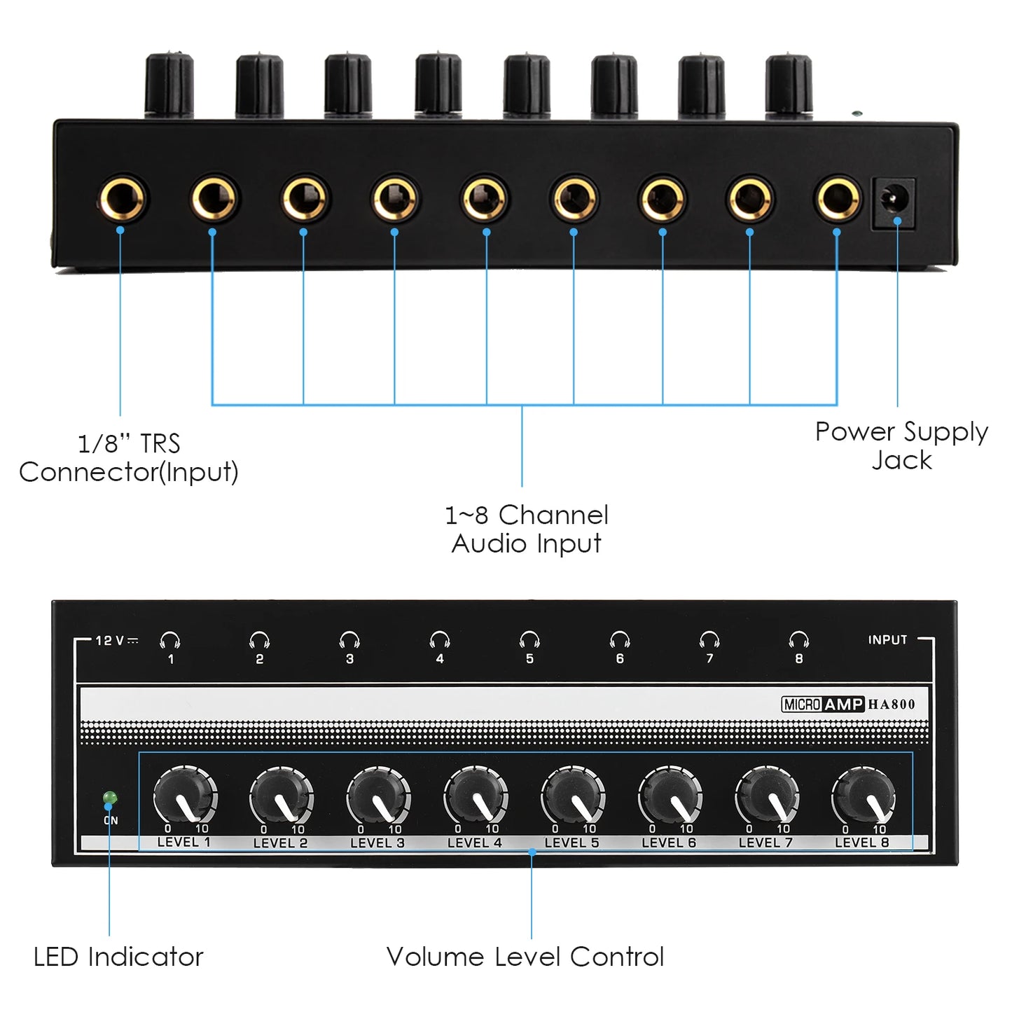 HA800 Headphone Amplifier Audio Amp. Ultra-compact 8 Channels Mini