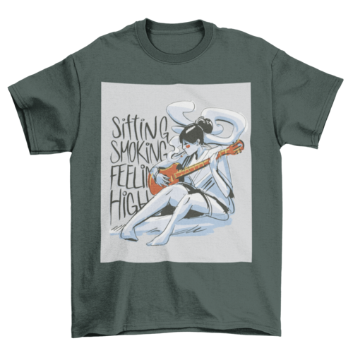 Woman playing music guitar with the quote "Sitting, smoking, feeling