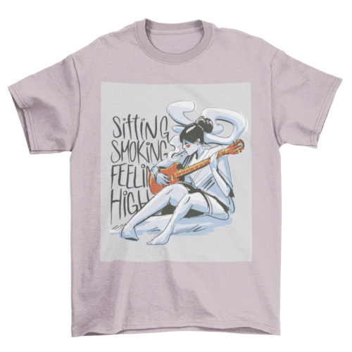 Woman playing music guitar with the quote "Sitting, smoking, feeling
