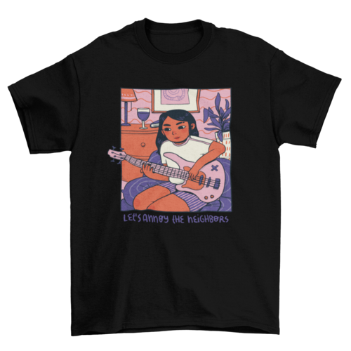 Girl playing guitar cozy comic t-shirt design
