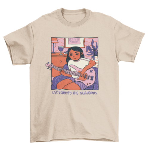 Girl playing guitar cozy comic t-shirt design