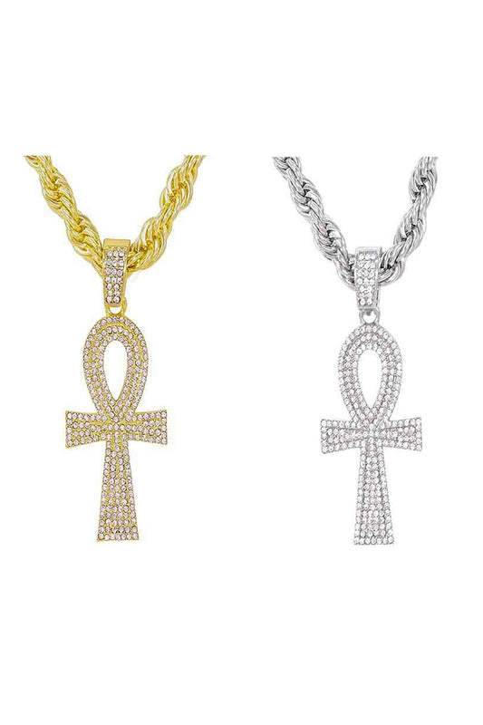 HIP HOP ICED OUT ANKH CROSS PENDANT ROPE CHAIN