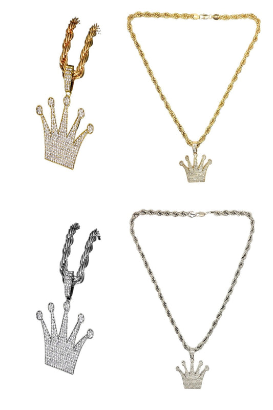 HIP HOP ICED OUT CROWN PENDANT ROPE CHAIN