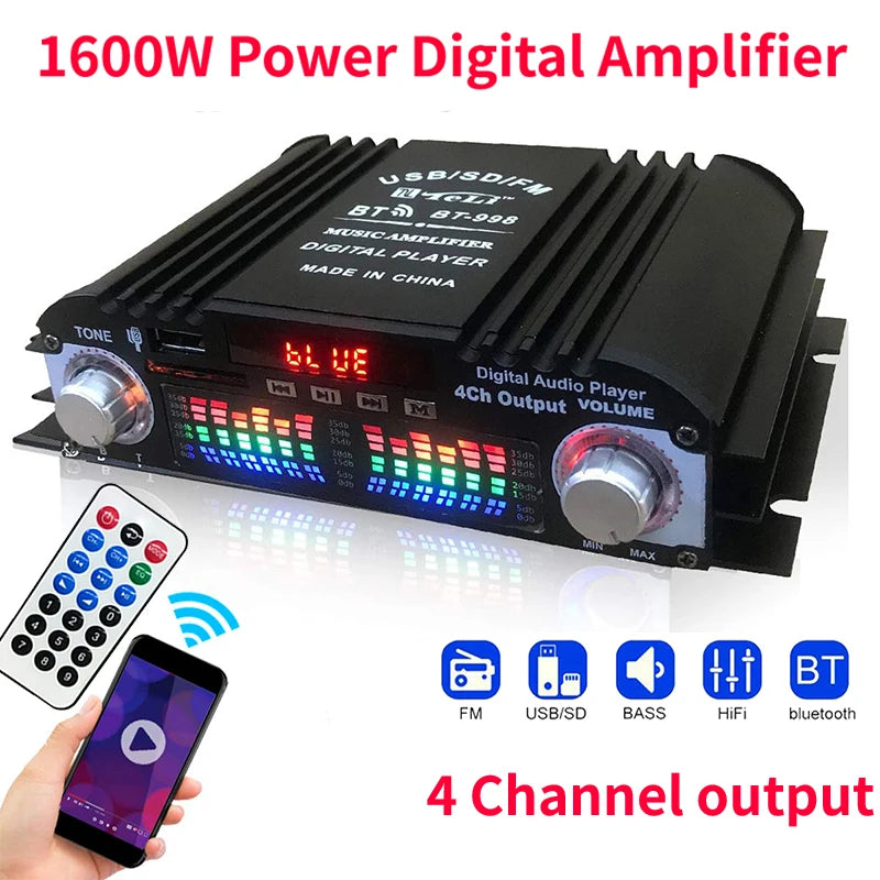 1600W Peak Power HiFi Sound Amplifier Digital 4 Channel Audio Amplifier Bluetooth Karaoke Player FM Radio Support Remote Control