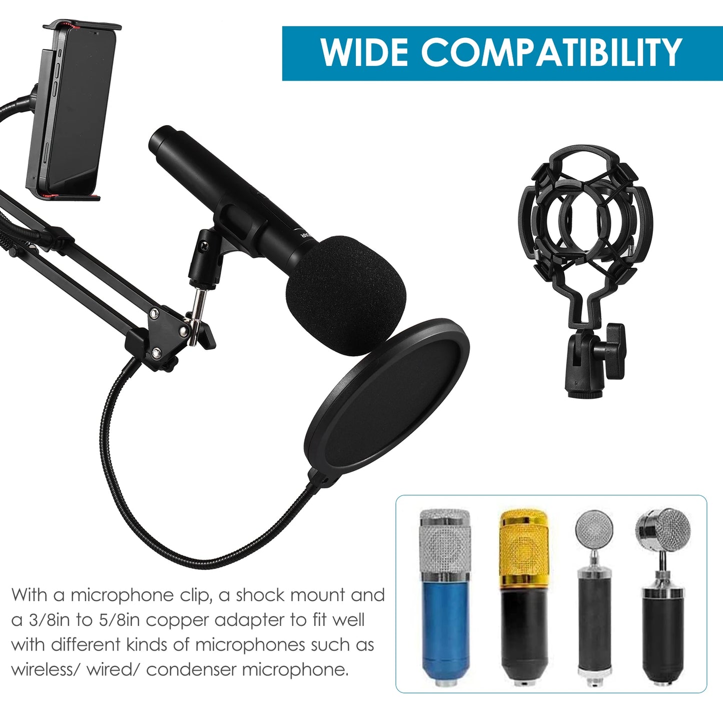 Microphone Arm Stand Adjustable Desktop Microphone Bracket & Mic Clip