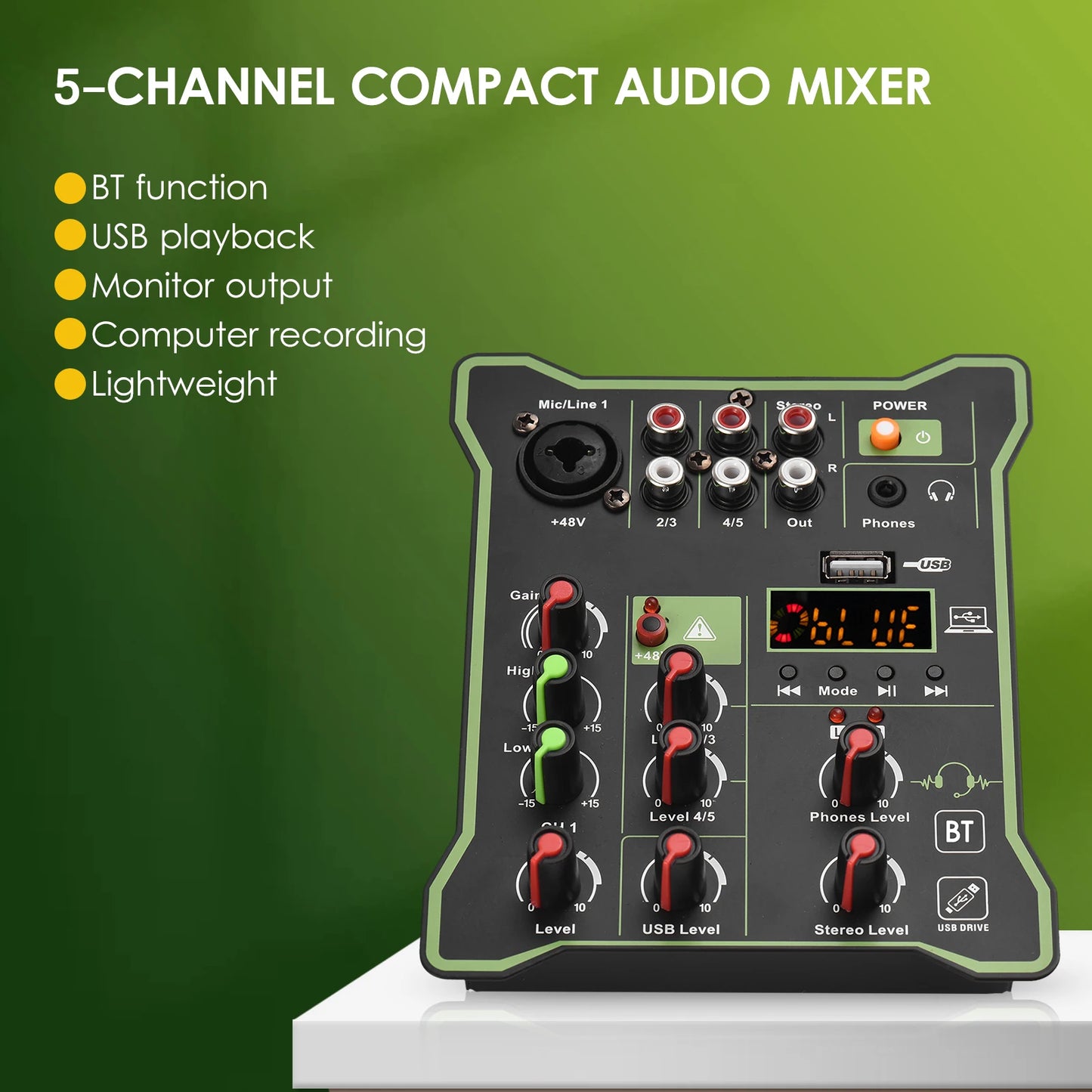 5-Channel Compact Audio Mixer Sound Mixing Console 48V Phantom Power