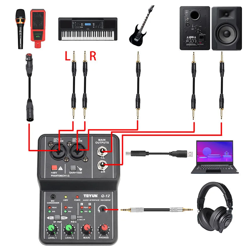 Portable Audio Interface Professional Mini External Sound Card Mixer 48V Computer Guitar Studio PC Record Teyun Q12 Equipment