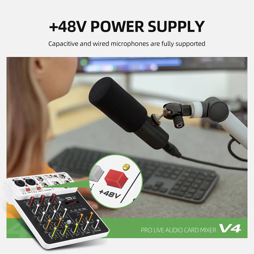 Debra V4 4 Channels Audio Mixer With Bluetooth USB 48V Phantom Power Delay Repaeat Effect  For Sound Mixing Console PC Recording