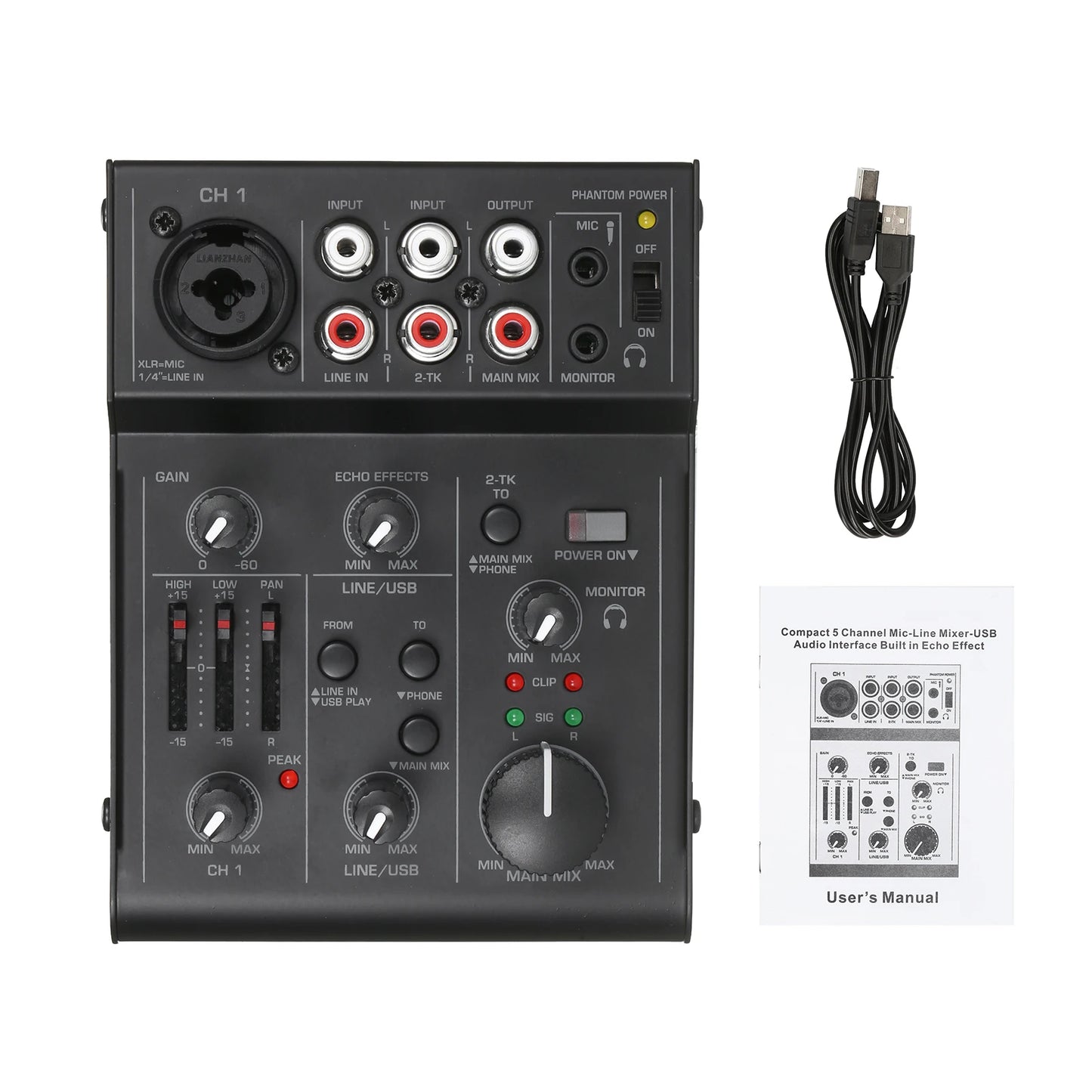 5-Channel Audio Mixer Sound Mixing Console USB Audio Interface 2-Band