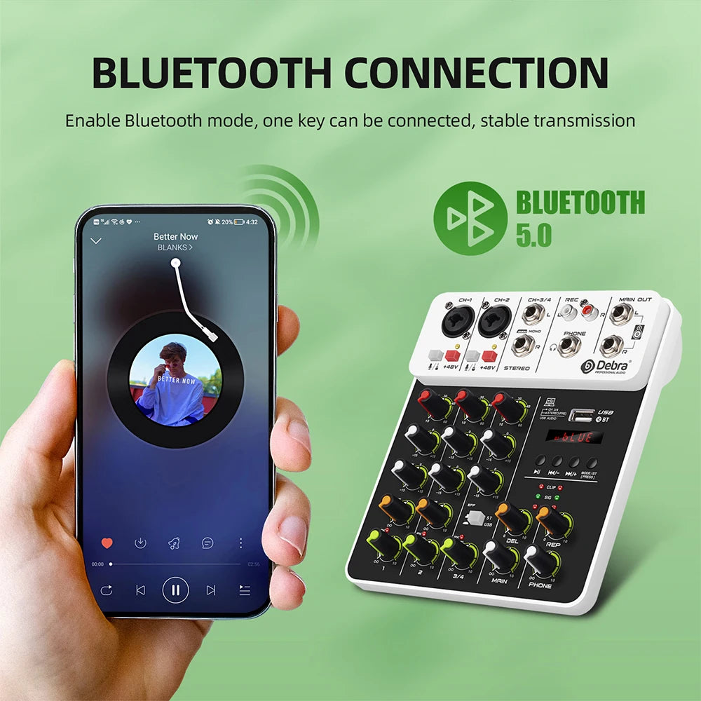 Debra V4 4 Channels Audio Mixer With Bluetooth USB 48V Phantom Power Delay Repaeat Effect  For Sound Mixing Console PC Recording