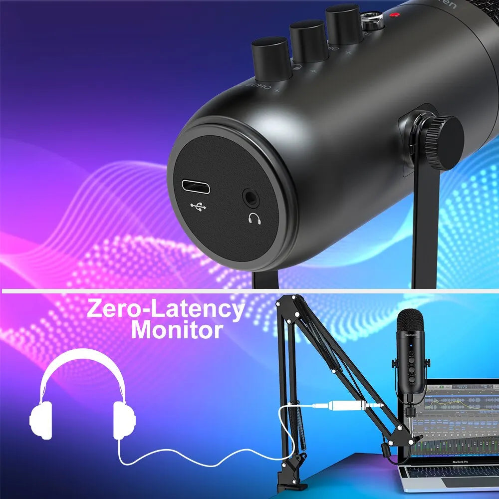 Professional USB Streaming Podcast PC Microphone Studio Cardioid Condenser Mic Kit with Boom Arm For Recording Twitch YouTube