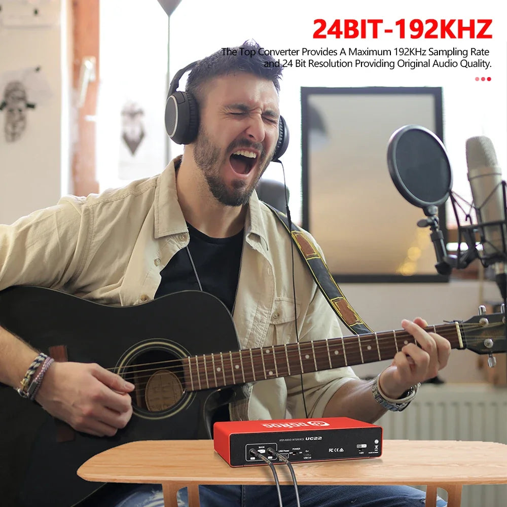 UC22 Audio Interface Sound Card 24-bit/192KHz AD Converter, Electric Guitar Live Recording Professional Studio Singing, Podcast