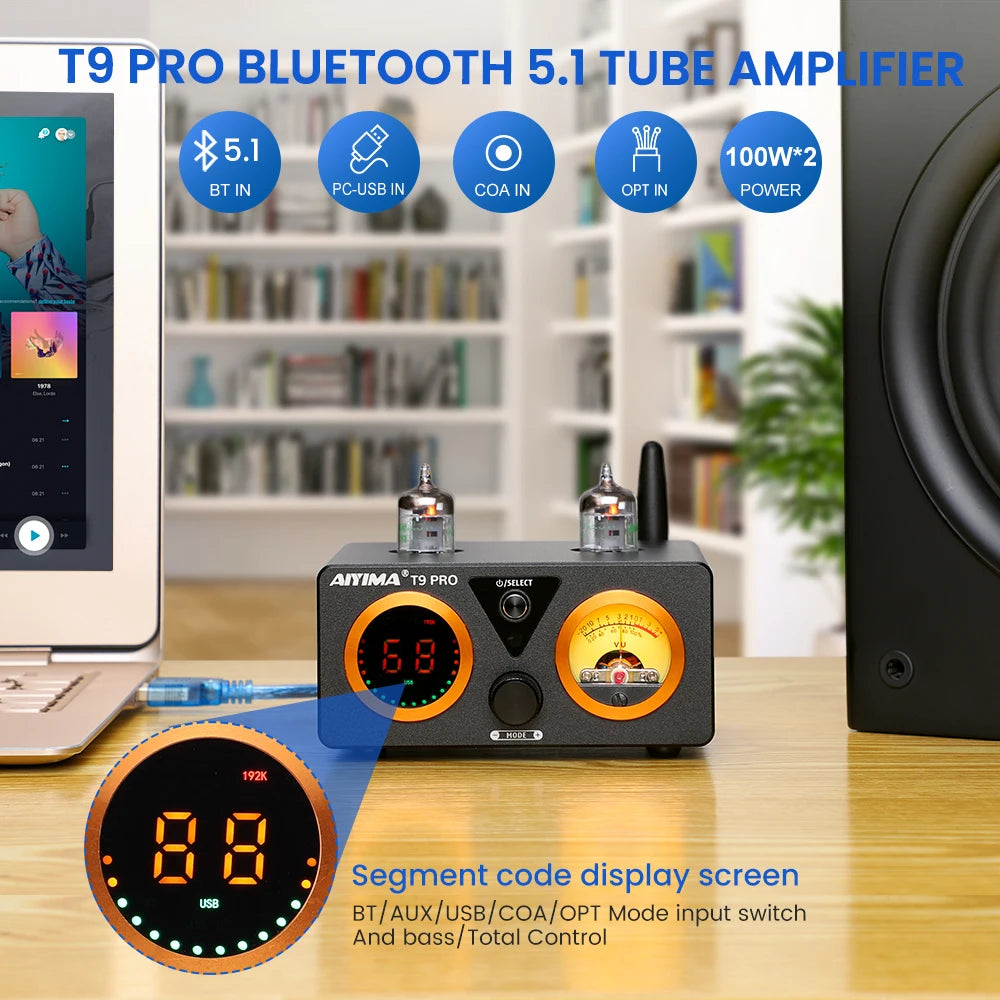AIYIMA Audio T9 PRO Bluetooth Tube Amplifier USB DAC Optical Fiber Coaxial Stereo Amplificador Home Amp With VU Meter 100W×2