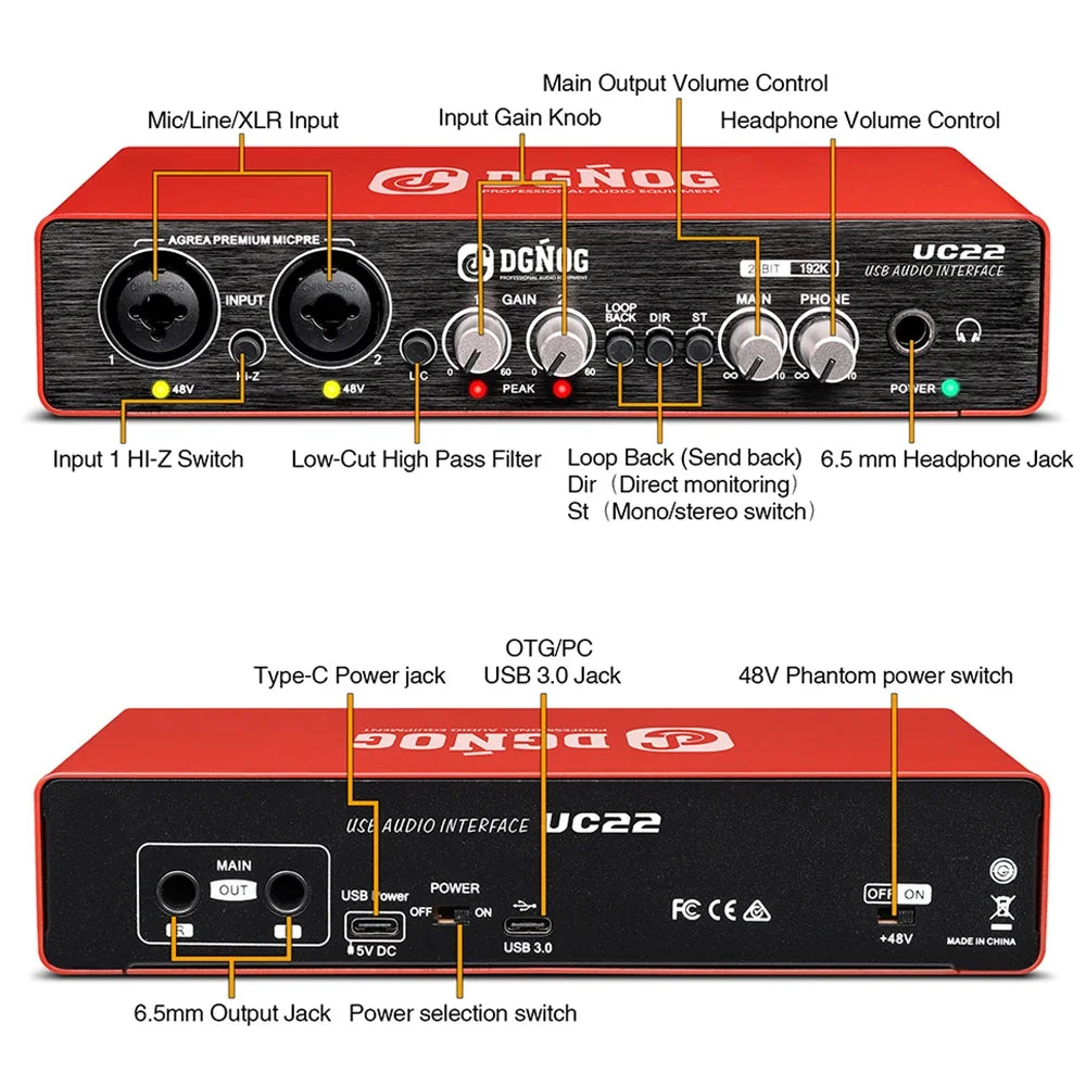 UC22 Audio Interface Sound Card 24-bit/192KHz AD Converter, Electric Guitar Live Recording Professional Studio Singing, Podcast