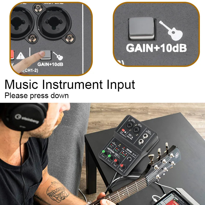 Portable Audio Interface Professional Mini External Sound Card Mixer 48V Computer Guitar Studio PC Record Teyun Q12 Equipment