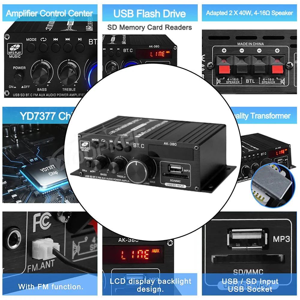 Woopker Sound Amplifier Channel 2.0 HIFI Bluetooth Amp Home Digital Audio 12V3A AK380 AK370 AK280 AK270 AK170 for Car Bass Trebl