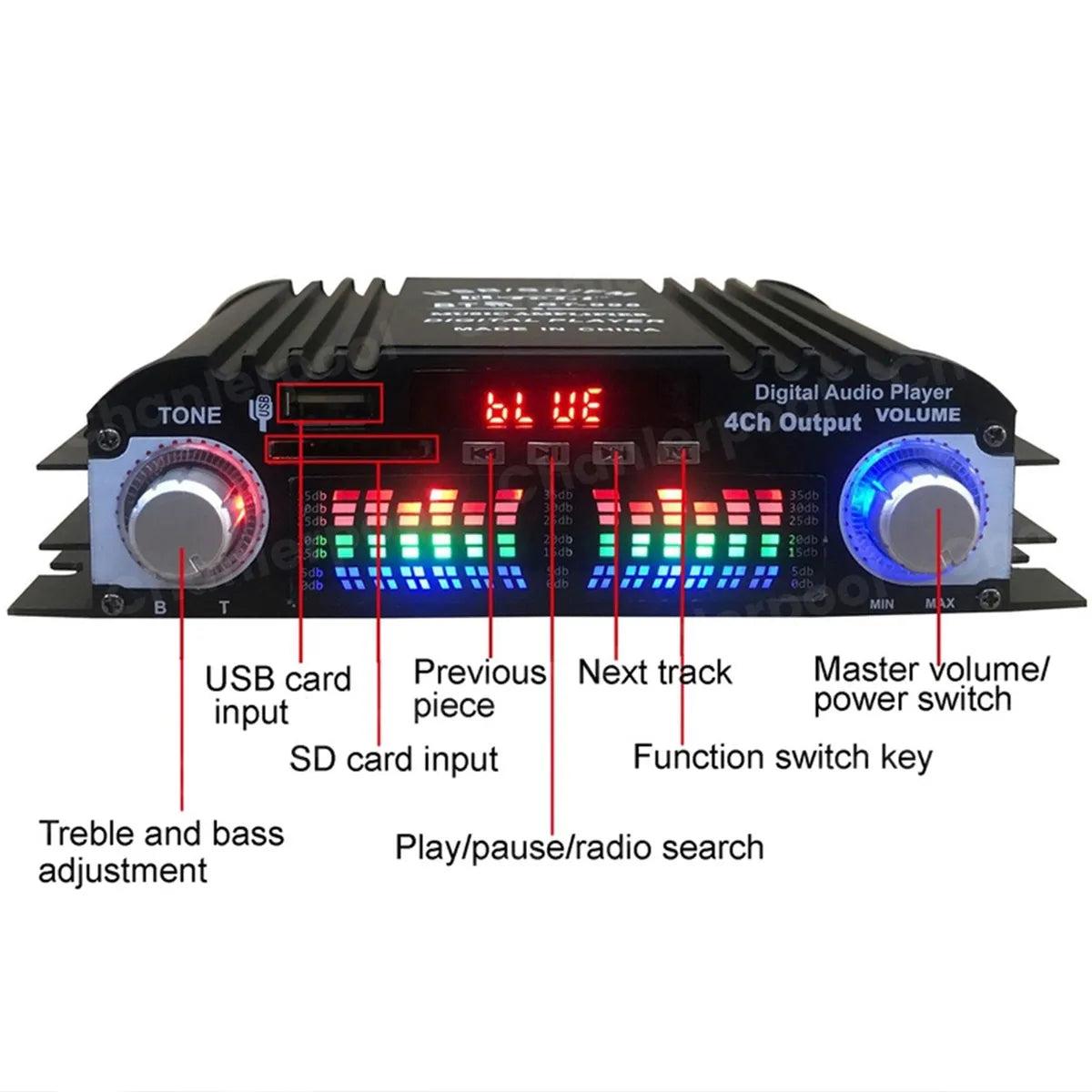 1600W Peak Power HiFi Sound Amplifier Digital 4 Channel Audio Amplifier Bluetooth Karaoke Player FM Radio Support Remote Control