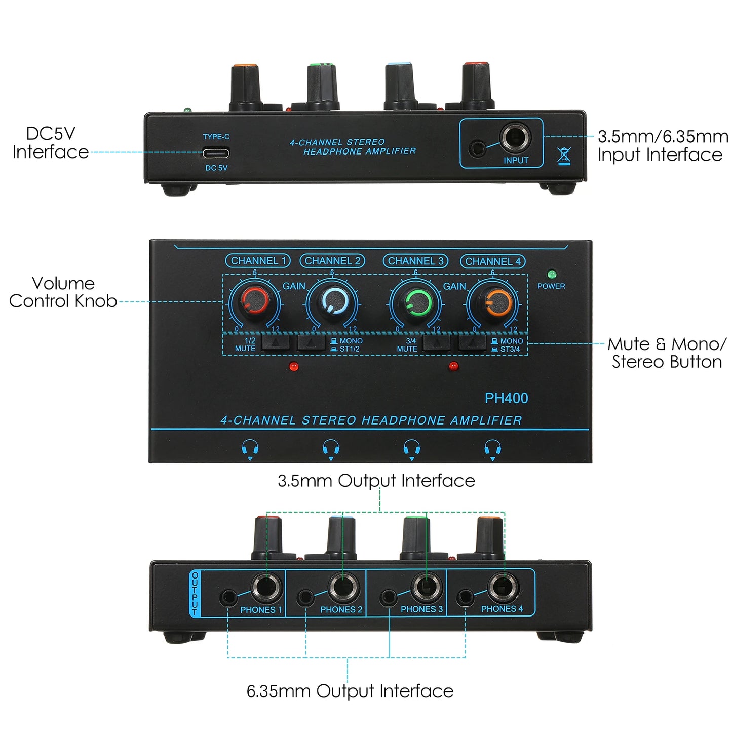 6-Channel Stereo Headphone Amplifier Compact Mini Audio Stereo