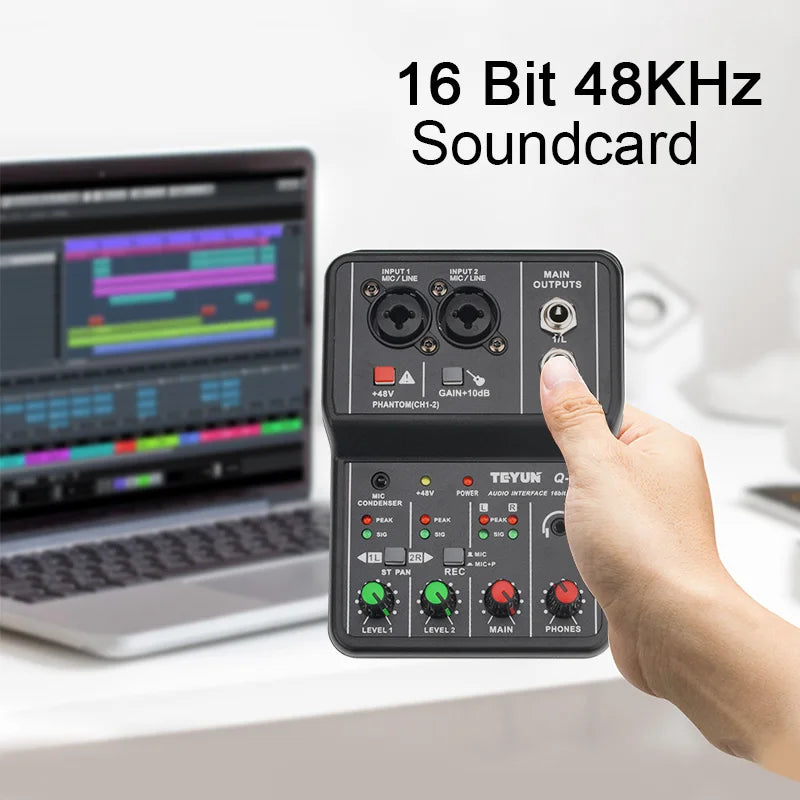 Portable Audio Interface Professional Mini External Sound Card Mixer 48V Computer Guitar Studio PC Record Teyun Q12 Equipment