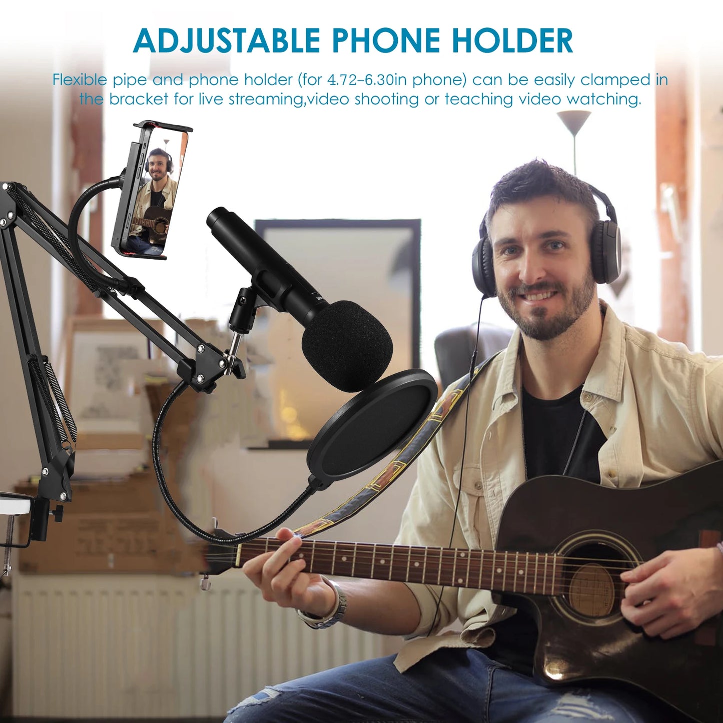 Microphone Arm Stand Adjustable Desktop Microphone Bracket & Mic Clip