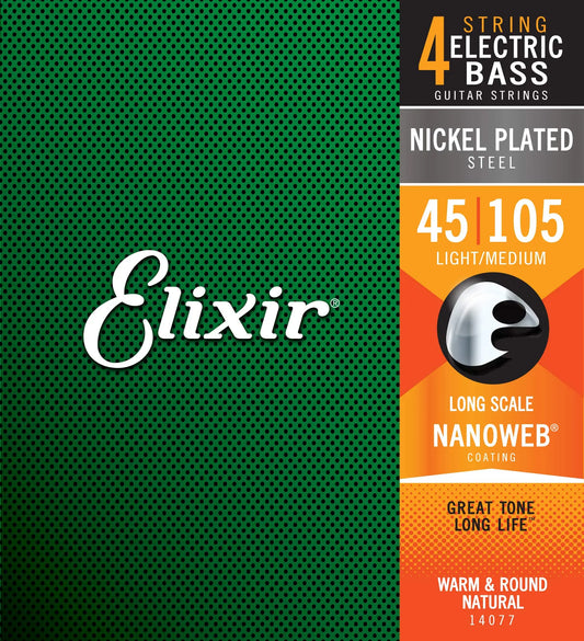 Elixir 4 Strings 45-105 Nanoweb Coating Nickel Plated Steel Electric Bass Guitar Strings Light/Medium 14077