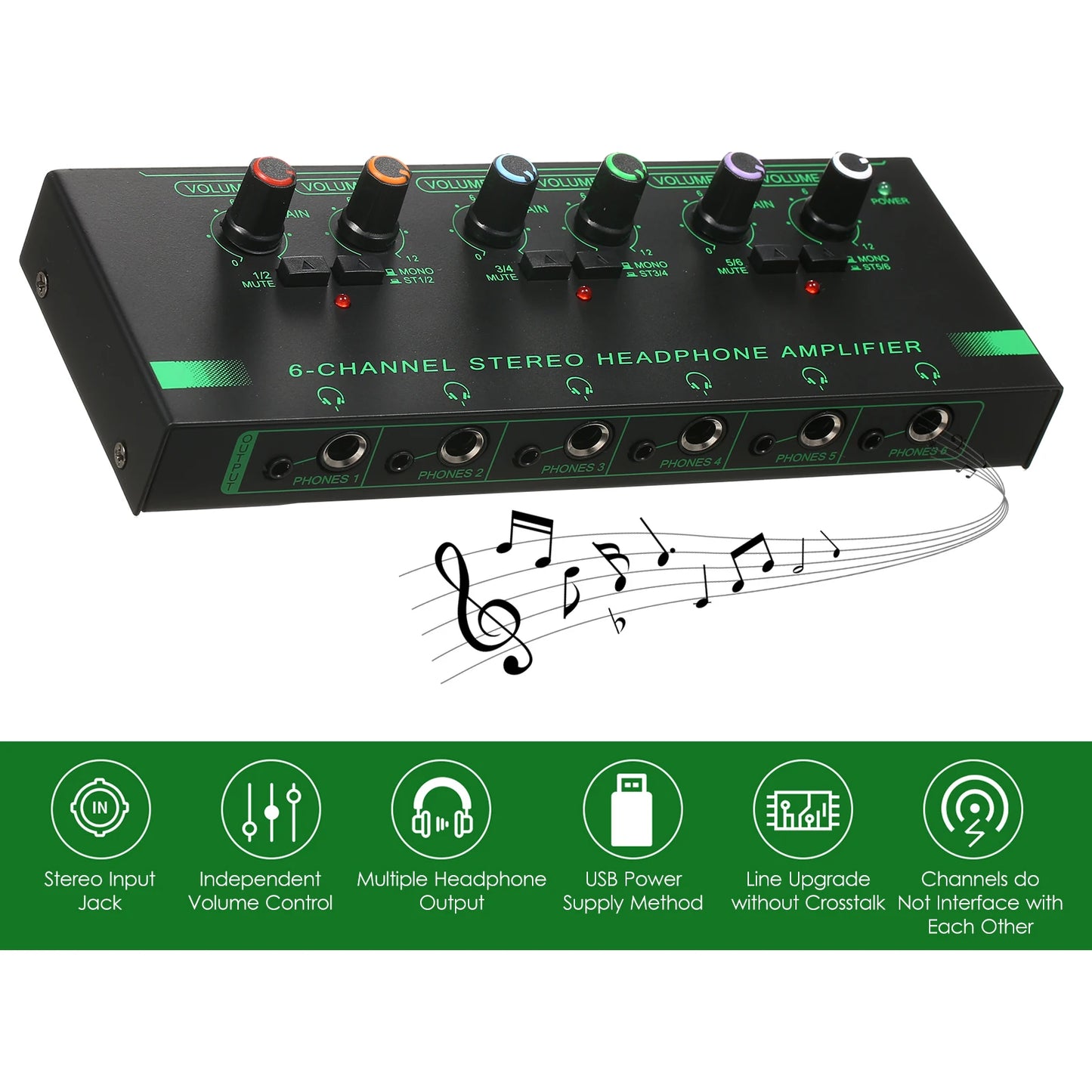 6-Channel Stereo Headphone Amplifier Compact Mini Audio Stereo
