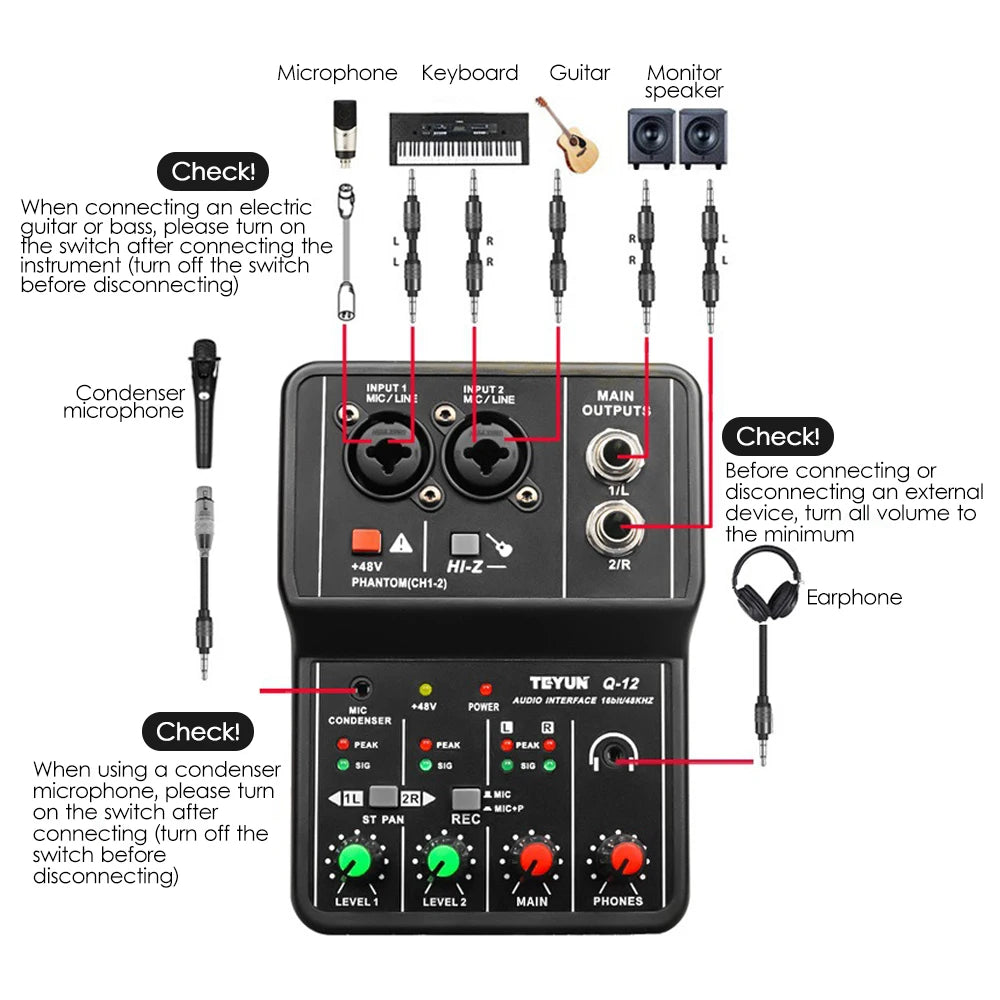 Audio Interface Professional Recording Sound Card 16bit/48kHz Mini USB