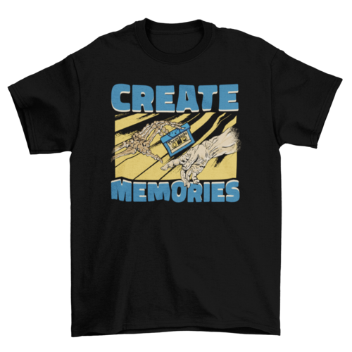 Skeleton hand holding cassette w/ caption Create memories t-shirt