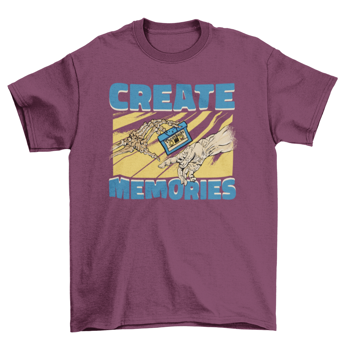 Skeleton hand holding cassette w/ caption Create memories t-shirt