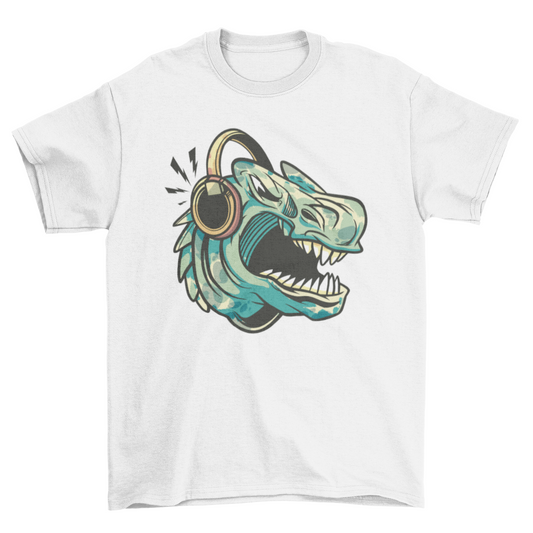 Angry dino listening to music t-shirt