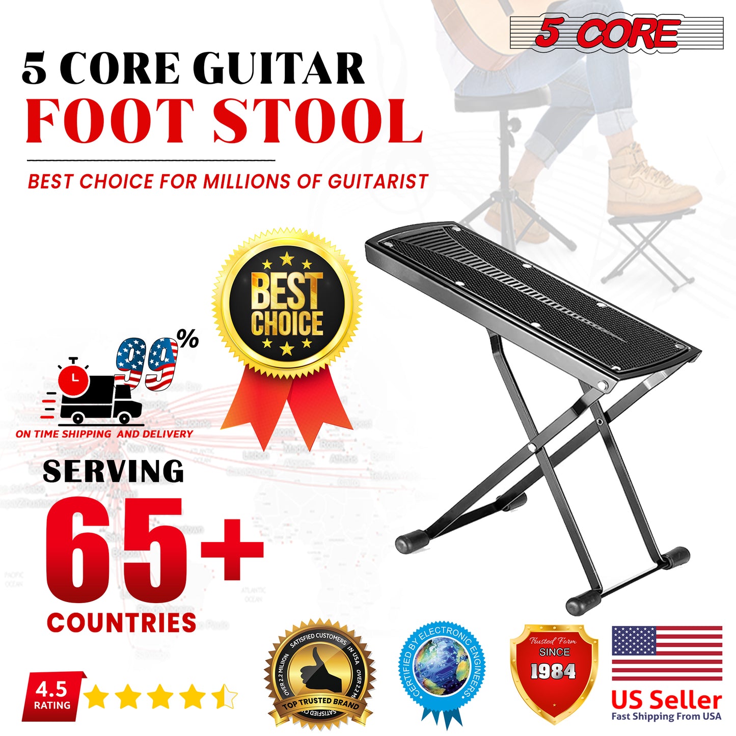 Guitar Footstool Stand Black Adjustable Guitar Foot Rest GFS BLK